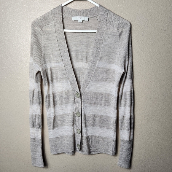 Loft Womens Tan Large Stripe Lightweight Wool Blend Vneck Cardigan-Size XS - Picture 1 of 6